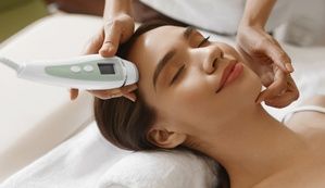 Skin Care. Beautiful Healthy Woman Getting Her Skin Analized By Cosmetologist, Using Skin Analyzer ( Professional Beauty Equipment ) For Face Skin Analysis At Cosmetology Center. High Resolution Image